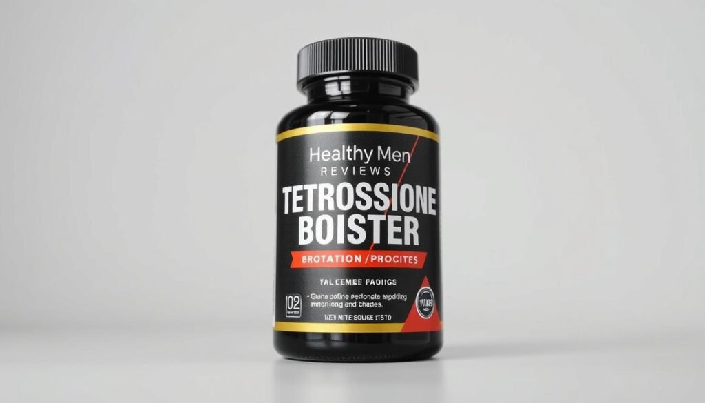 A close-up, visually striking image of a testosterone booster product for men, photographed against a clean, minimalist background. The bottle prominently features the "Healthy Men Reviews" brand name, showcasing the product's design and packaging with a sense of quality and authority. The lighting is soft and even, accentuating the product's details and creating a professional, editorial feel. The overall mood is one of confidence, wellness, and the promise of enhanced masculine vitality.
