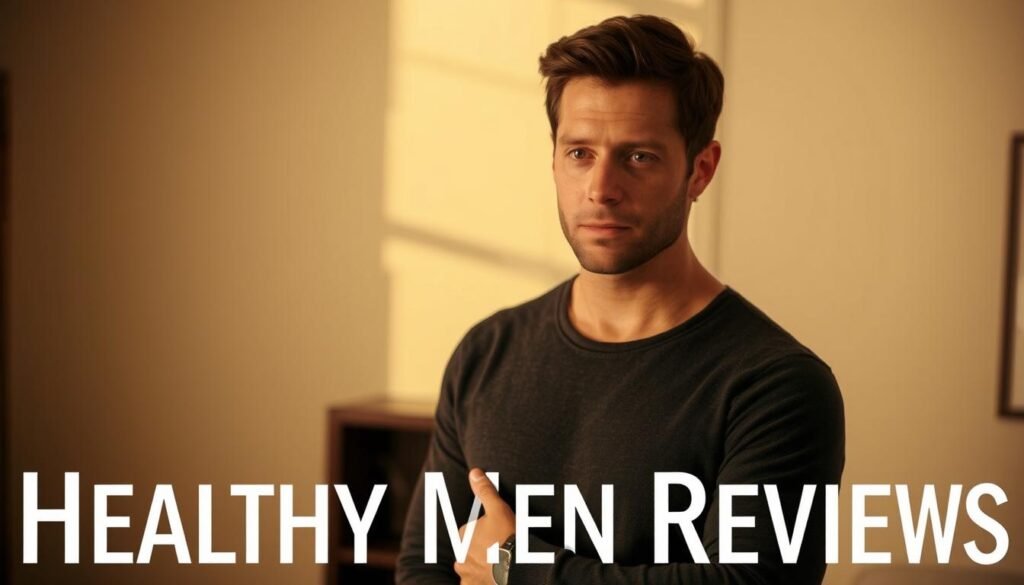 A confident, introspective man stands in a softly lit room, his gaze direct and assured. His body language exudes a quiet strength, hands relaxed at his sides. The scene evokes a sense of calm intimacy, as if he is at ease with himself and open to connection. The lighting is warm and diffused, casting gentle shadows that highlight the planes of his face. The background is subtly blurred, drawing the viewer's focus to the subject's thoughtful expression. The overall mood is one of self-possession and approachability. "Healthy Men Reviews"