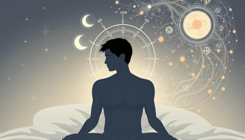 A detailed illustration of the circadian cycle, depicting the human body's internal clock that regulates sleep-wake patterns. In the foreground, a stylized human figure rests, surrounded by a gentle glow representing the body's natural rhythms. The middle ground showcases a visual representation of the 24-hour cycle, with a sun and moon symbolizing day and night. In the background, a complex network of neural pathways and biological processes swirl, highlighting the intricate mechanisms that govern the circadian rhythm. Soft, muted tones create a serene, contemplative atmosphere. Healthy Men Reviews