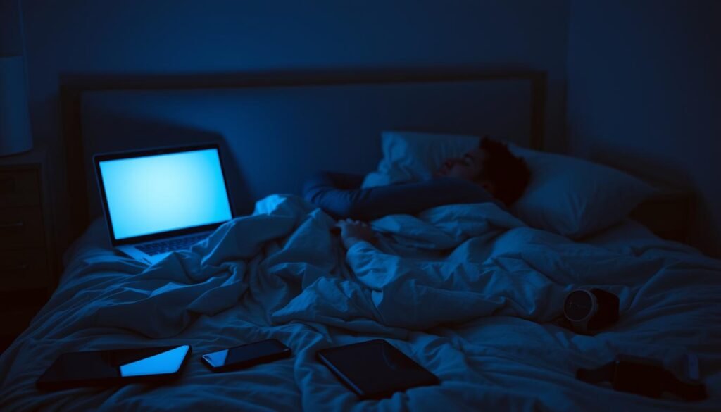 A dimly lit bedroom, the soft glow of a laptop screen casting a bluish hue across a restless figure tossing and turning in bed. Tangled sheets and a disheveled pillow suggest a night of interrupted sleep. The room is cluttered with various electronic devices - a smartphone, a tablet, and a smartwatch, all blinking with notifications. The atmosphere is one of digital overwhelm, with the constant pings and buzzes disrupting the natural rhythm of rest. The scene conveys a sense of cognitive fatigue and the struggle to disconnect from the relentless flow of digital stimuli, even in the sanctuary of the bedroom.