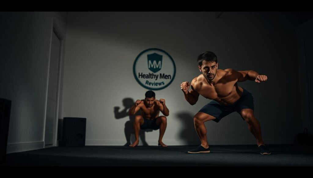 A dimly lit home gym showcasing a muscular male model performing a series of bodyweight exercises. In the foreground, he does push-ups with perfect form, his face focused and determined. In the middle ground, he performs squats, his toned physique on full display. In the background, a minimalist exercise area with a "Healthy Men Reviews" logo on the wall. Soft, moody lighting casts dramatic shadows, creating an atmosphere of intensity and discipline. The scene conveys the power and efficiency of equipment-free workouts for the busy modern man.
