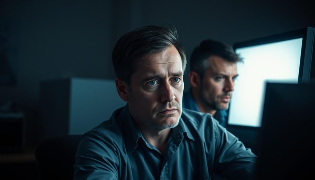 A dimly lit office setting, the glow of a computer screen casting a soft light on the weary faces of three men. Their expressions convey a sense of exhaustion, their shoulders slumped, eyes heavy with fatigue. The background is muted, with a subtle sense of disorder, reflecting the hidden epidemic of tiredness. The lighting is moody, casting dramatic shadows that accentuate the men's fatigued features. The overall atmosphere is one of quiet desperation, a visual representation of the "Hidden Epidemic of Fatigue" that the article explores.