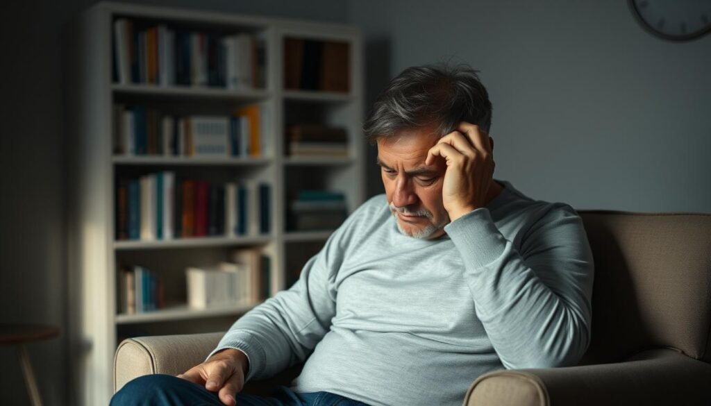 A dimly lit therapy session with a middle-aged man sitting in a comfortable armchair, his head in his hands, conveying a sense of emotional turmoil and vulnerability. The room is filled with muted tones, creating a somber and introspective atmosphere. In the background, a bookshelf lined with psychology texts hints at the man's search for understanding and healing. The lighting is soft and diffused, casting gentle shadows that accentuate the man's pensive expression. The overall scene reflects the rising mental health crisis among men in 2025, as portrayed in the "Healthy Men Reviews" article.