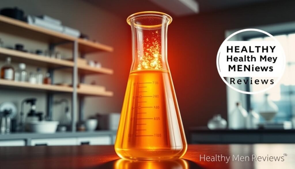 A glass beaker filled with a glowing amber liquid, representing the essence of testosterone, the primary male sex hormone. Backlit by a warm, golden light, casting a soft glow and casting dynamic shadows that accentuate the form of the beaker. In the background, a clean, minimalist laboratory setting with shelves of scientific equipment, conveying a sense of precision and expertise. The Healthy Men Reviews brand logo prominently displayed in the corner, signifying authority and trust. The overall mood is one of scientific understanding and the celebration of male vitality.