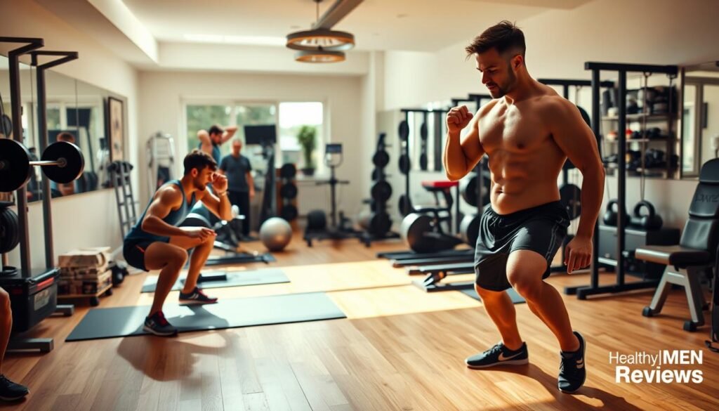 A high-resolution, detailed image of common workout mistakes made by men in a home gym setting. Foreground shows a man performing improper form on exercises like squats, deadlifts, and push-ups. Middle ground depicts incorrect stretching and warm-up techniques. Background showcases disorganized equipment and poor ergonomic setup. Warm, natural lighting emphasizes the scene. Bright, airy mood with Healthy Men Reviews branding subtly visible.