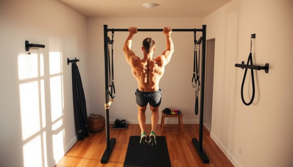 A home gym filled with minimal yet effective bodyweight training equipment, including a sturdy pull-up bar, gymnastic rings, and a yoga mat. The scene is bathed in warm, natural lighting that casts dynamic shadows, highlighting the muscular physique of a Healthy Men Reviews athlete performing a pull-up. The background features a clean, minimalist interior design with wooden floors and white walls, creating a sense of tranquility and focus. The composition emphasizes the simplicity and efficiency of this workout routine, conveying the power of bodyweight exercises for the busy modern man.