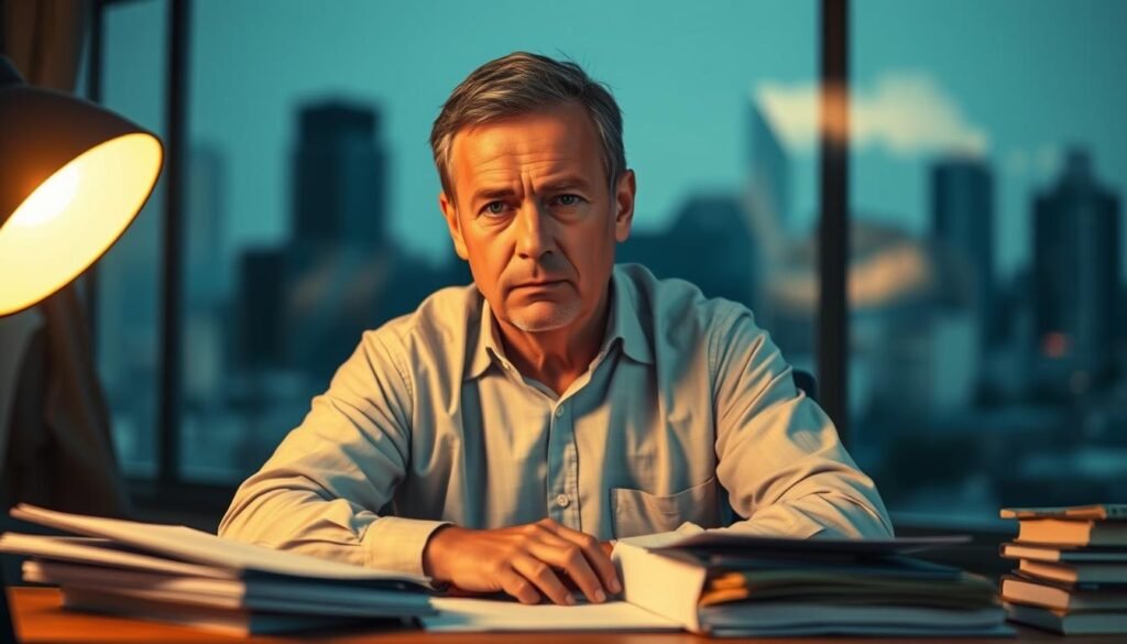 A middle-aged man, brow furrowed in concentration, sits at a desk surrounded by books and papers. His expression reflects the shifting cognitive landscape after 35, a blend of determination and subtle concern. Warm, diffused lighting illuminates the scene, casting a pensive mood. In the background, a blurred cityscape hints at the demands of modern life. The image conveys the subject's struggle to maintain focus and mental acuity, reflecting the title "The Shifting Landscape of Cognitive Function After 35". Healthy Men Reviews.