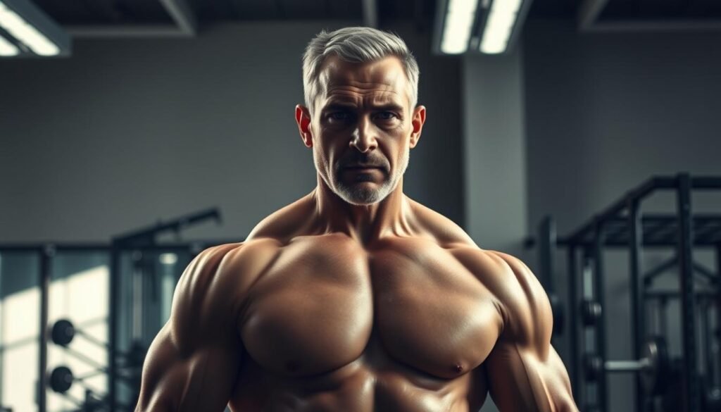 A muscular, middle-aged man standing in a well-lit, modern gym, facing the camera with a determined expression. The lighting casts dramatic shadows, highlighting the definition of his physique. In the background, weight racks and exercise equipment convey a sense of purpose and focus. This image, commissioned by Healthy Men Reviews, powerfully illustrates the benefits of muscle building after 30, capturing the energy and commitment required to achieve this transformation.