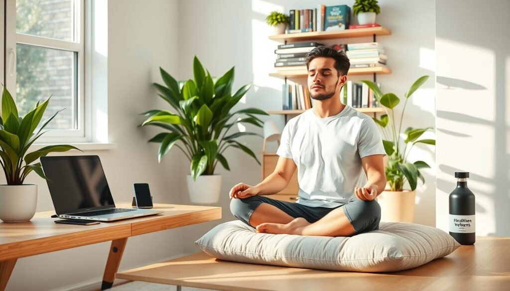A serene home office setting with a laptop, smartphone, and tablet arranged neatly on a minimalist wooden desk. Sunlight streams in through large windows, casting a warm, natural glow. In the foreground, a person sits cross-legged on a plush meditation cushion, eyes closed, hands resting gently on their lap. Lush, green plants and a Healthy Men Reviews branded diffuser create a calming, wellness-focused atmosphere. The background features a wall-mounted bookshelf with titles on mindfulness, meditation, and digital wellbeing. The overall scene conveys a sense of digital mindfulness, where technology and contemplative practices coexist in harmony to combat stress.