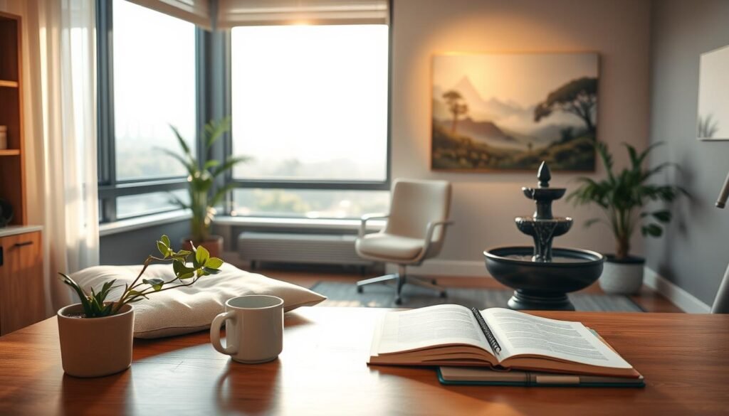 A serene office oasis, where a Healthy Men Reviews executive finds respite from the pressures of the workday. Soft lighting filters through large windows, casting a warm glow on a meditation cushion and a small fountain, the gentle sound of trickling water soothing the mind. In the foreground, a wooden desk holds a potted plant, a mug of herbal tea, and a journal, signifying mindful practices. The background showcases a calming landscape painting, transporting the viewer to a place of tranquility. The overall atmosphere evokes a sense of balance, encouraging the subject to pause, breathe, and find inner peace amidst the demands of the corporate world.