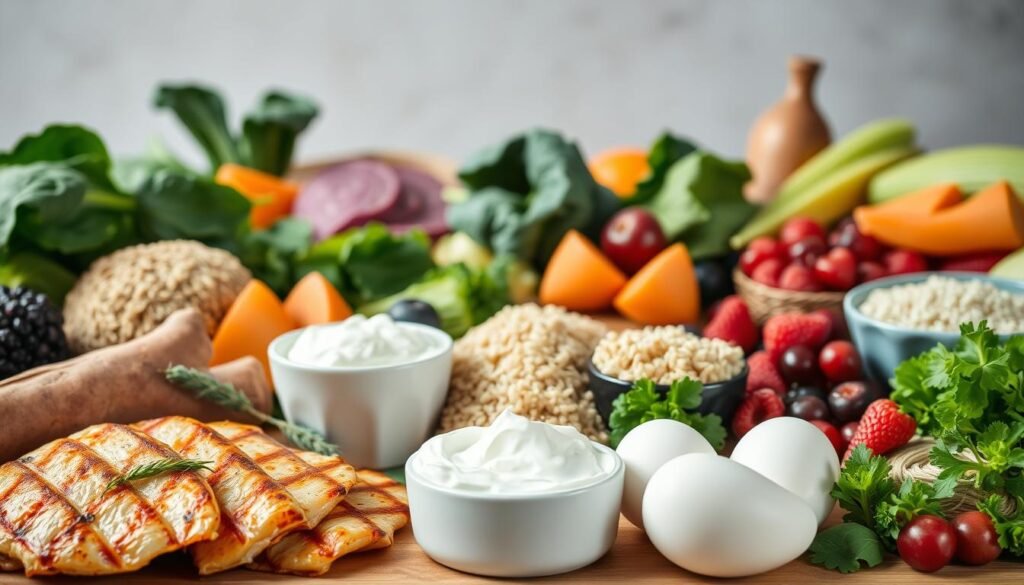 A vibrant still life arrangement showcasing the key elements of muscle-building nutrition. In the foreground, a variety of lean protein sources such as grilled chicken, eggs, and Greek yogurt are neatly arranged. The middle ground features an assortment of nutrient-dense carbohydrates like quinoa, sweet potatoes, and brown rice. In the background, an array of fresh fruits and vegetables, including spinach, broccoli, and berries, add color and vital micronutrients. Soft, natural lighting illuminates the scene, emphasizing the healthy, wholesome nature of the ingredients. This image, captured by the Healthy Men Reviews team, conveys the science-backed principles of building muscle through balanced, whole-food nutrition.