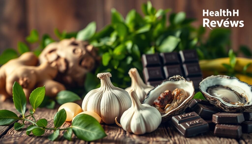 A vibrant still life of natural aphrodisiac ingredients for men, shot with a high-quality DSLR camera. In the foreground, a selection of whole foods such as ginger, garlic, oysters, and dark chocolate are artfully arranged on a rustic wooden surface. The middle ground features lush green foliage, hinting at the organic, botanical nature of the scene. Warm, soft lighting illuminates the composition, creating a sensual, inviting atmosphere. In the background, the Healthy Men Reviews logo is subtly displayed, suggesting the educational, informative context of this image. The overall mood is one of natural vitality and potency, reflecting the theme of boosting male libido without artificial supplements.