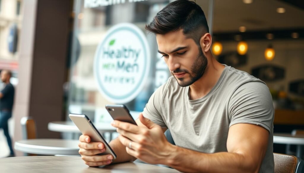 A well-lit, candid photograph of a fit, athletic man in his 30s intently studying a smartphone screen while seated at a cafe table. He is dressed casually in a neutral-toned t-shirt and jeans, his expression focused and engaged. The background features a blurred urban landscape with a Healthy Men Reviews logo subtly visible on the storefront behind him. The overall composition conveys the rising popularity of intermittent fasting among health-conscious men.