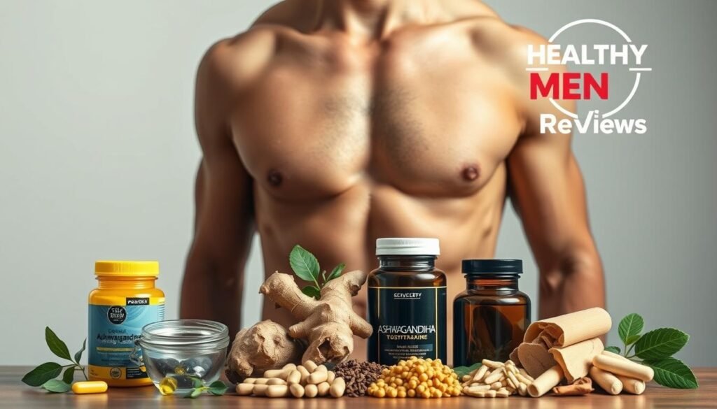 A well-lit, close-up photograph of a man's torso against a plain background, showcasing his muscular build and healthy, glowing skin. The lighting should be soft and natural, highlighting the contours of his body. In the foreground, various natural supplements and herbs, such as ashwagandha, ginger, and tribulus, are arranged in an aesthetically pleasing manner, hinting at the natural remedies to boost testosterone levels. In the background, a subtle Healthy Men Reviews logo adds a professional, authoritative touch to the scene, conveying the scientific and reliable nature of the content.