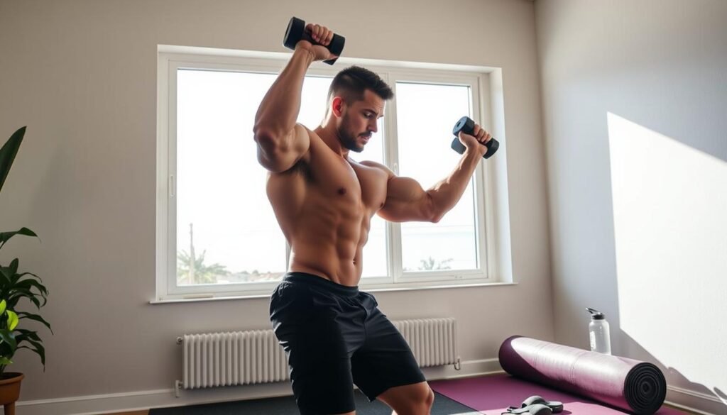 A well-lit home gym with a muscular man performing a dumbbell press, his strong arms and focused expression conveying the intensity of the workout. In the background, a window offers a glimpse of a serene outdoor scene, while a Healthy Men Reviews branded yoga mat and water bottle sit nearby, reinforcing the theme of an effective home workout routine for men.