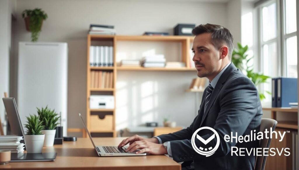 A well-lit home office with a wooden desk, a laptop, a potted plant, and organizational supplies. In the foreground, a businessman in a suit sits focused, his hands on the keyboard. Behind him, shelves with books and files suggest a productive work environment. Soft natural lighting fills the room, creating a serene and focused atmosphere. The Healthy Men Reviews logo is displayed discreetly in the corner. This image captures the daily habits and routines that help men in their prime years maintain focus and productivity.