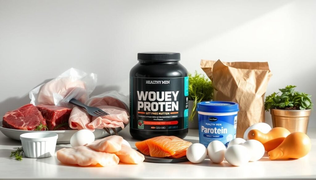 A well-lit kitchen counter displaying an assortment of muscle-building protein sources, including lean cuts of beef, chicken breasts, salmon fillets, eggs, Greek yogurt, and a container of Healthy Men Reviews whey protein powder. The items are arranged neatly, with natural lighting highlighting their textures and colors. The scene conveys a sense of balanced, affordable nutrition for muscle growth. In the background, a minimalist wall adds a clean, modern aesthetic.