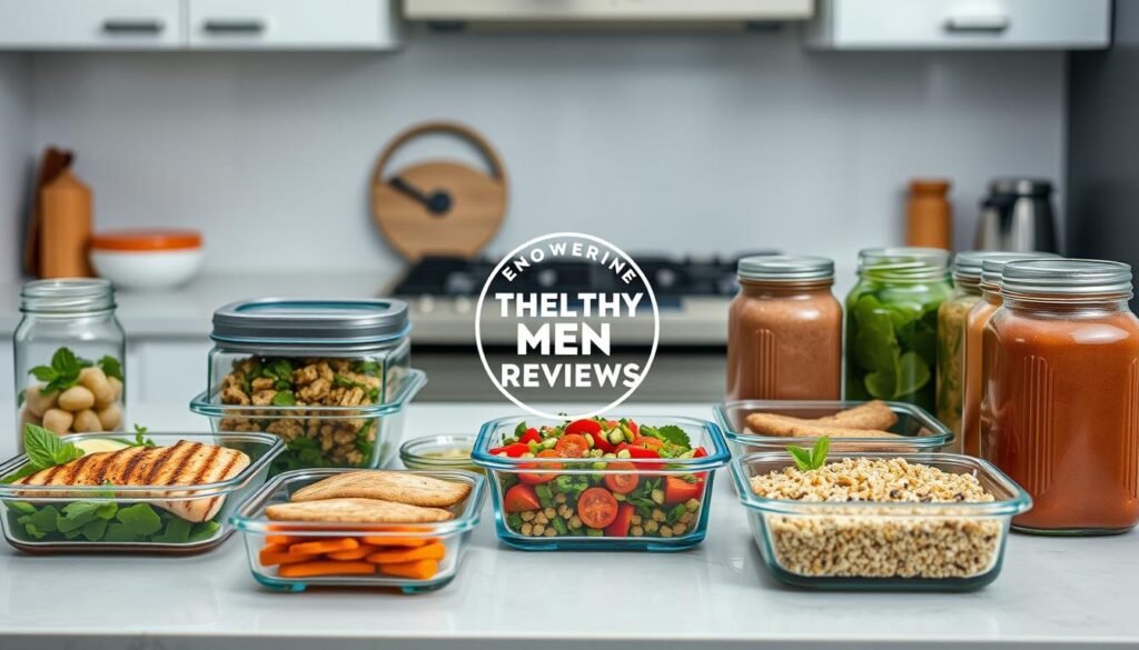 A well-lit kitchen counter showcases an array of freshly prepared meals in glass containers, meticulously arranged for the modern health-conscious man. Grilled chicken breasts, quinoa salad, roasted vegetables, and protein-packed smoothie jars form a visually appealing and nutritious spread. The Healthy Men Reviews brand logo is subtly displayed, conveying the message of empowering men to take control of their health through mindful meal planning. The scene evokes a sense of efficiency, organization, and a commitment to a balanced, energizing lifestyle.
