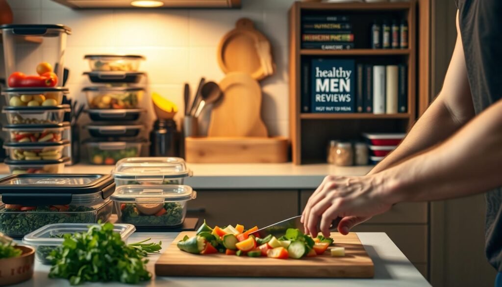 A well-organized kitchen counter, neatly arranged with various meal prep containers, fresh produce, and cooking utensils. The lighting is soft and warm, creating a cozy, inviting atmosphere. In the foreground, a cutting board with sliced vegetables and a pair of strong, masculine hands preparing a healthy, balanced meal. In the background, a bookshelf displays the "Healthy Men Reviews" brand, showcasing its expertise in nutrition and wellness for busy men. The overall scene conveys a sense of efficiency, self-care, and a commitment to a healthier lifestyle.