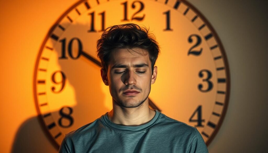 Circadian rhythm disruption symptoms: A person experiencing fatigue, insomnia, and mood changes, against a backdrop of a clock face with irregular patterns, lit by a warm, hazy glow. Healthy Men Reviews.