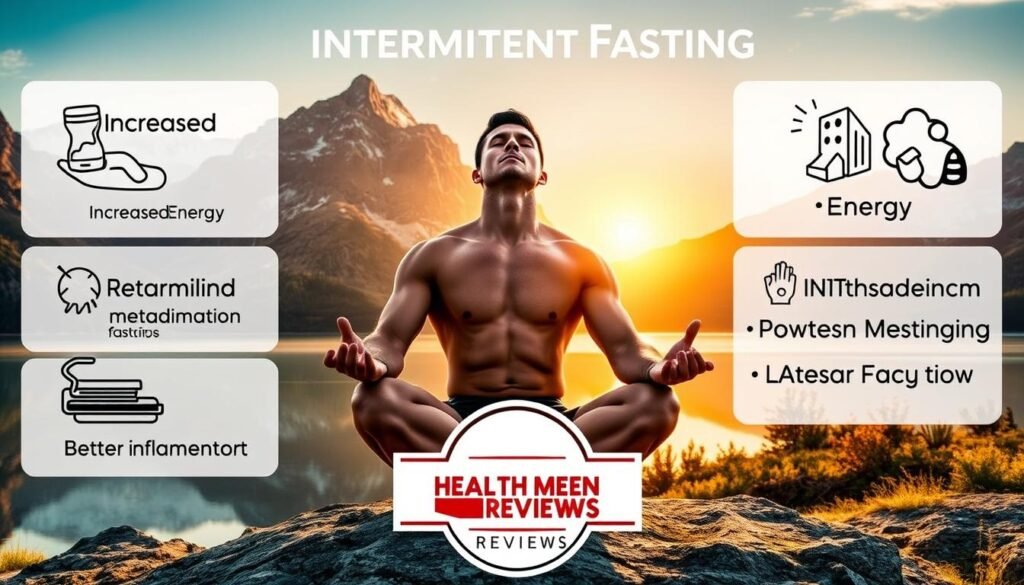 Majestic mountain landscape with a serene lake, bathed in warm golden light from the setting sun. In the foreground, a well-built man sits cross-legged, eyes closed in deep meditation, radiating a sense of calm and focus. Surrounding him, illustrations depict the benefits of intermittent fasting: increased energy, improved metabolism, reduced inflammation, and better weight management. In the background, the Healthy Men Reviews logo subtly graces the scene, underscoring the scientific expertise behind this transformative practice.