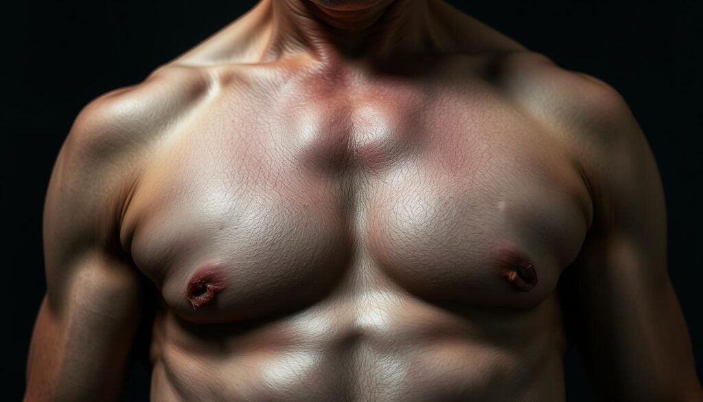 Muscle loss after 30: a middle-aged man's torso, once toned and muscular, now appears softer and less defined. Skin hangs loosely, revealing the physiological realities of aging. Dim, dramatic lighting casts shadows, emphasizing the loss of tone and definition. Viewed from a low angle, the scene evokes a sense of vulnerability and the inexorable march of time. Healthy Men Reviews